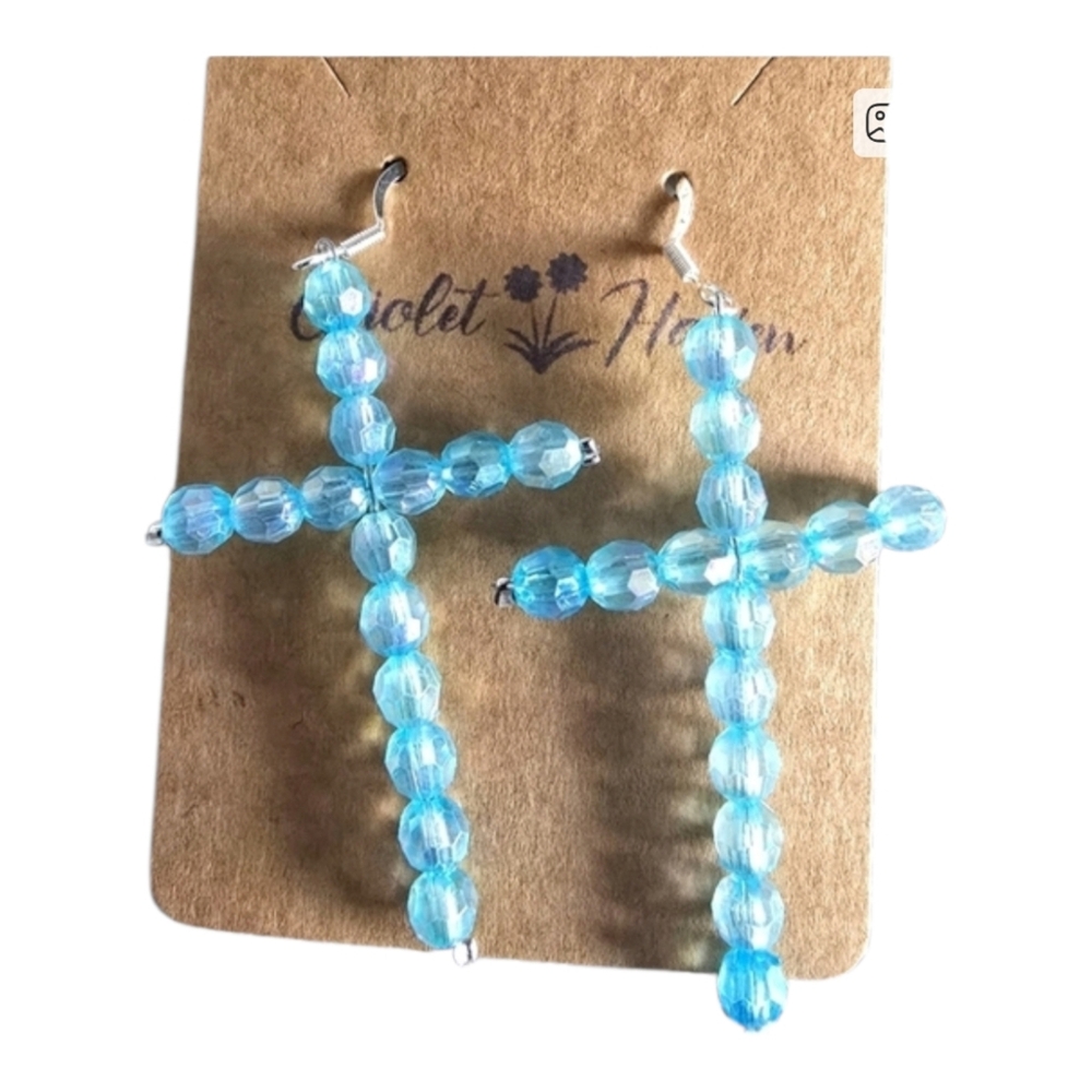 Blue Bead Cross Earrings